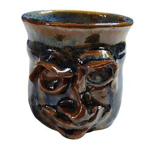 Artist Made Coffee Mug Ugly Face Blue Brown Heavily Glazed Folk Pottery Signed